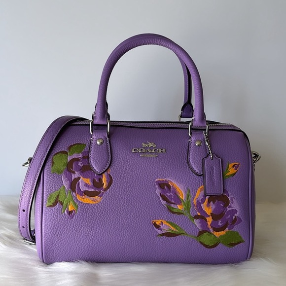 Coach Handbags - NWT Coach Rowan Satchel With Rose Print/ Refined Pebble Leather/Purple